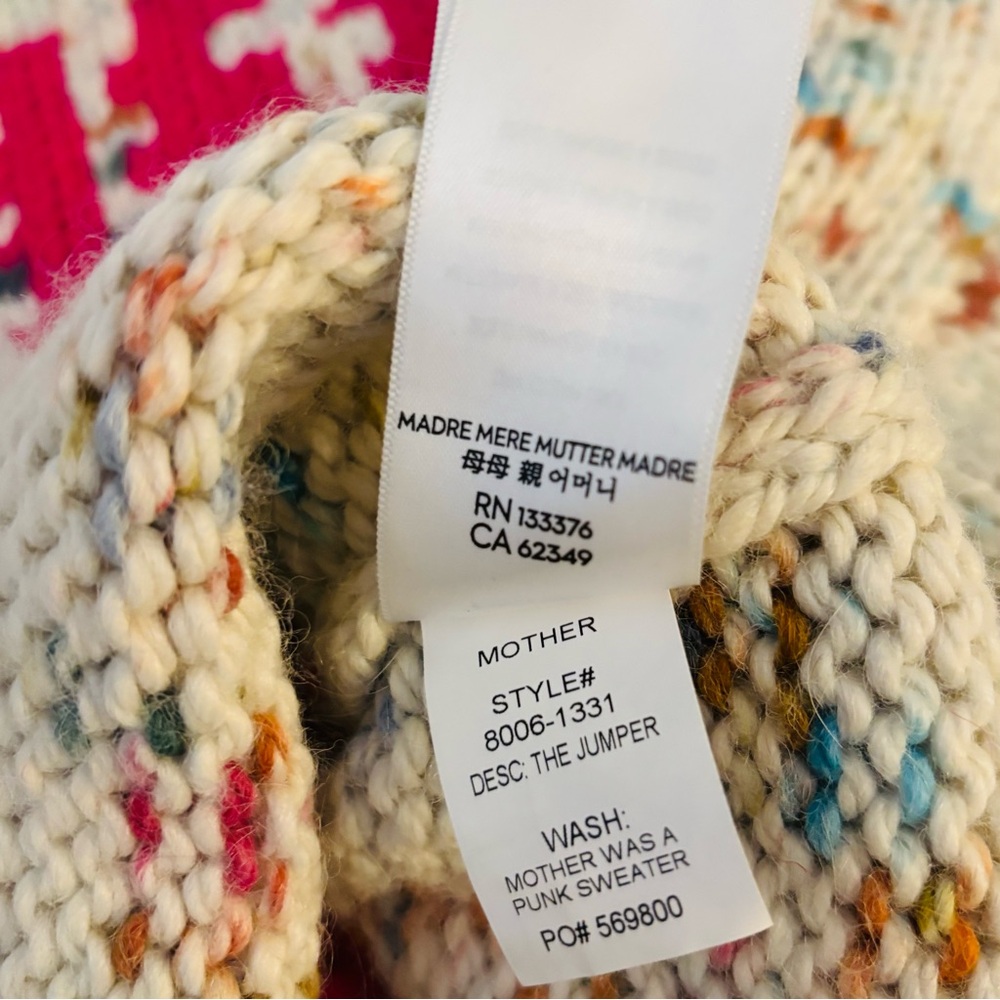 MOTHER Cream Speckled Crewneck Sweater with Pink Intarsia - Picture 7 of 10